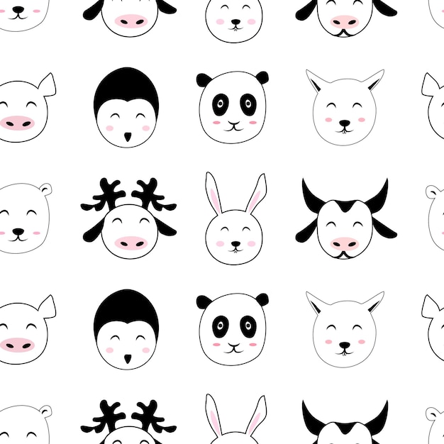 Doodle cute animal face seamless pattern template Cheerful outline sketch drawing isolated on white background Simple nursery wallpaper fabric print