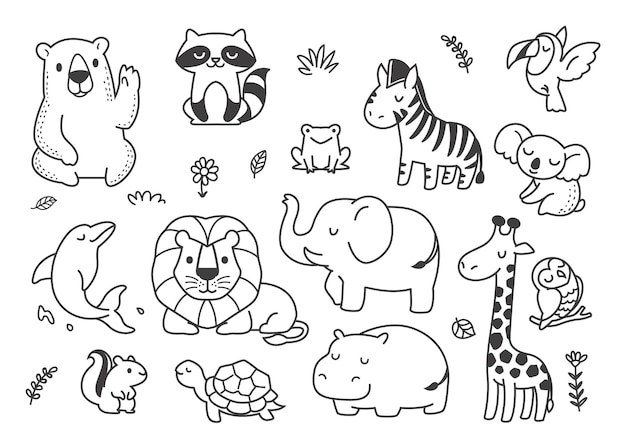 Vector doodle cute animals in the forest