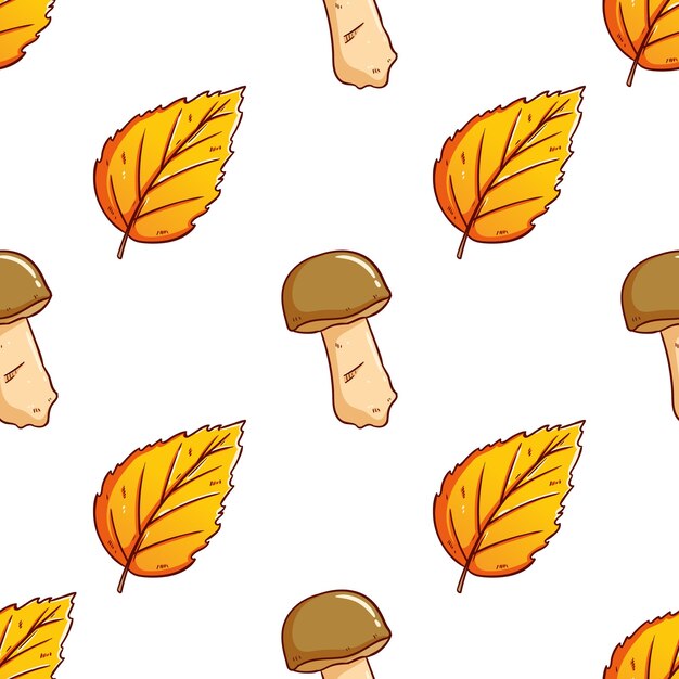 doodle cute autumn leaves with mushroom seamless pattern background