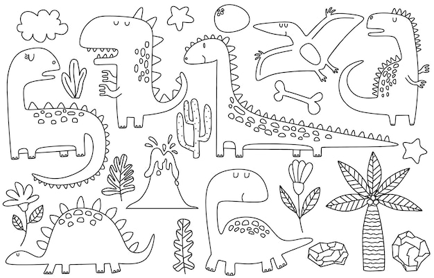 Doodle of cute dinosaurs and tropic plants.