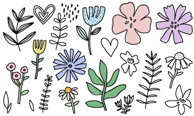 Doodle fiori carini set amore disegnato a mano san valentino per la raccolta di linee isolate di nozze