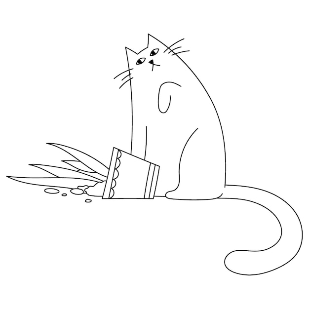 낙서 귀여운 재미 있은 고양이 꽃 냄비를 떨어뜨렸다. 흰색 배경 애완 동물에 등고선으로 손으로 그린