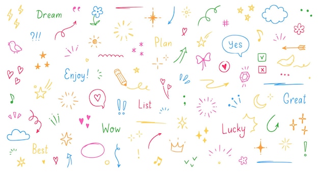 Doodle cute glitter pen line color elements doodle heart arrow star sparkle decoration symbol set