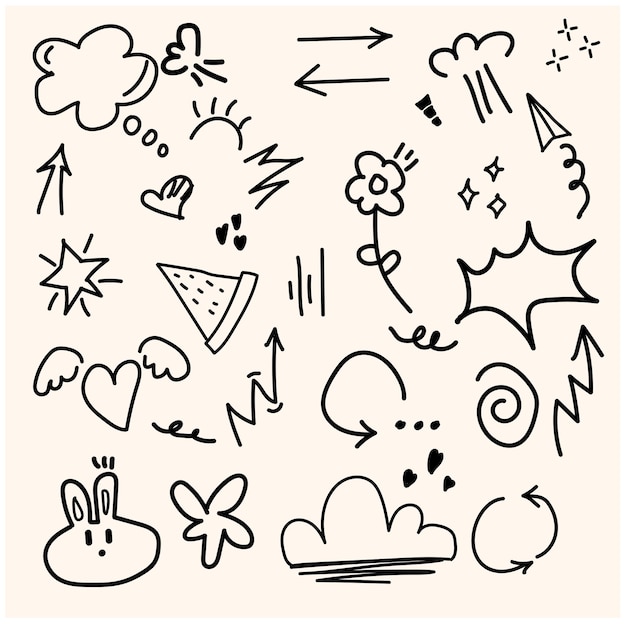 Doodle carino luccicante elementi di linea di penna doodle cuore freccia stella scintilla decorazione simbolo set icona