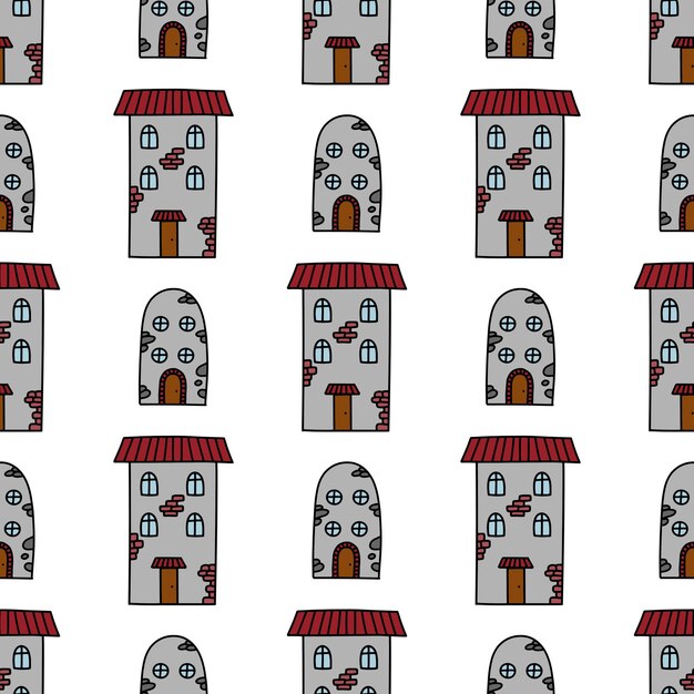 Doodle cute hand drawn houses vector seamless pattern