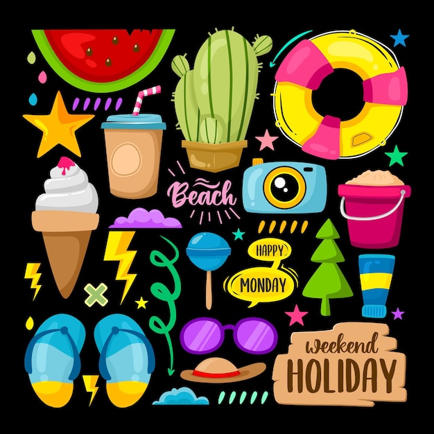 Doodle carino vacanza sticker icone disegnate a mano