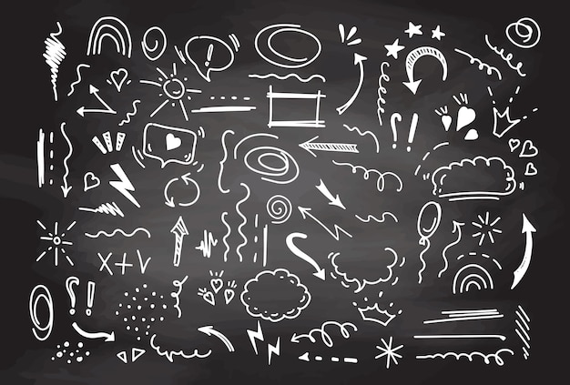 Vector doodle cute ink pen line elements isolated on chalkboard background