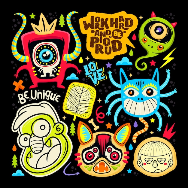 Doodle cute monster sticker icons hand drawn coloring vector