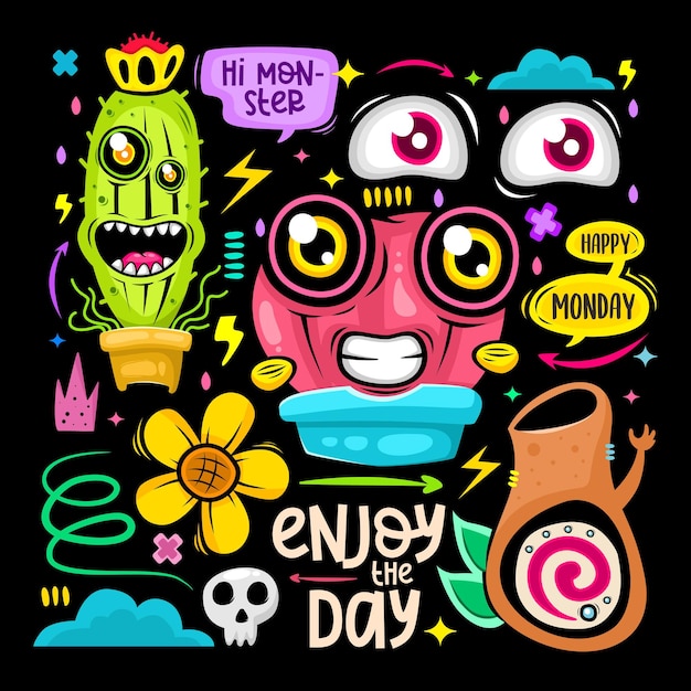 Doodle cute monster sticker icons hand drawn