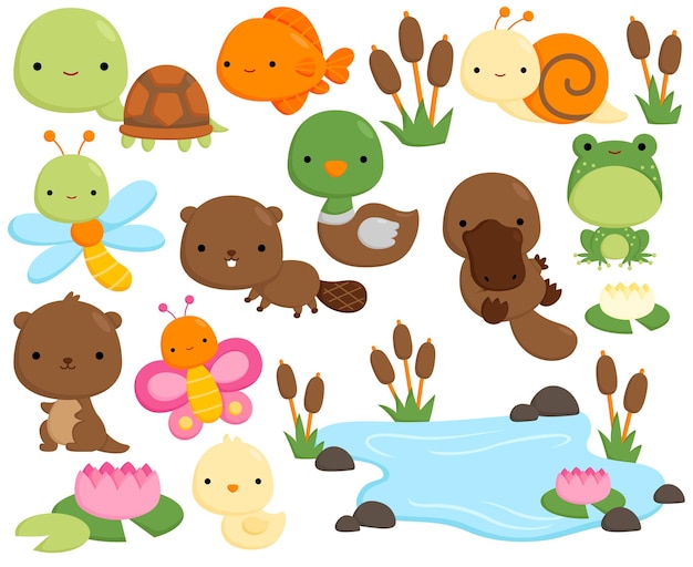 Doodle Cute Pond Animals Vector Set