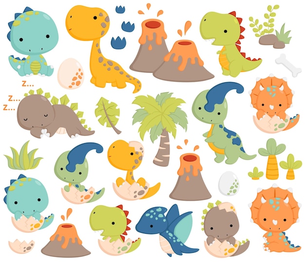 Vector doodle cute and simple dinosaur vector set