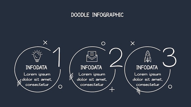 Doodle dark infographic elements with 3 options template for web on a black background