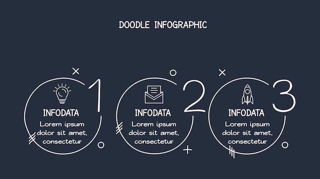 Doodle elementi infografici scuri con modello a 3 opzioni per il web su sfondo nero