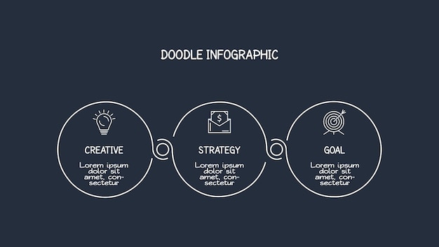 검정색 배경에 웹용 3가지 옵션 템플릿이 있는 Doodle 어두운 인포그래픽 요소