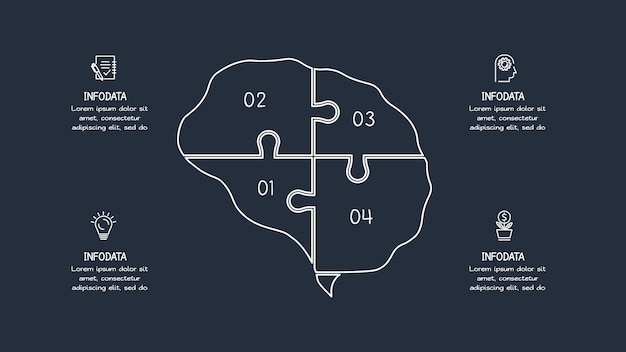 Doodle dark infographic elements with 4 options template for web on a black background