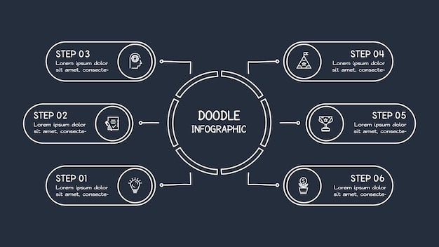 검정색 배경에 웹용 6개 옵션 템플릿이 있는 Doodle 어두운 인포그래픽 요소