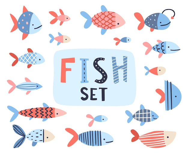 Doodle decorated fishes vector set.