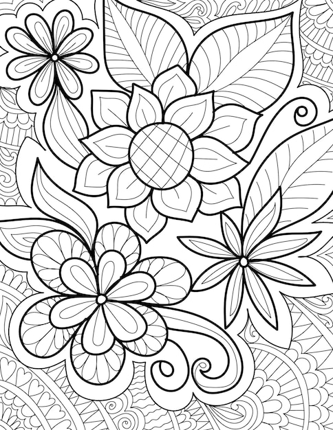 Vettore doodle mehndi decorativo stile disegno floreale pagina da colorare per adulti bambini illustrazione