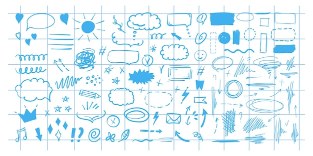 Doodle design elements and arrows vector set of icons frames borders on checkered notebook sheet
