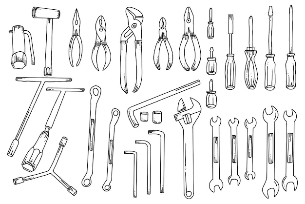 Vector doodle design mechanical tool set