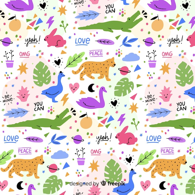 Vector doodle dieren en woorden patroon