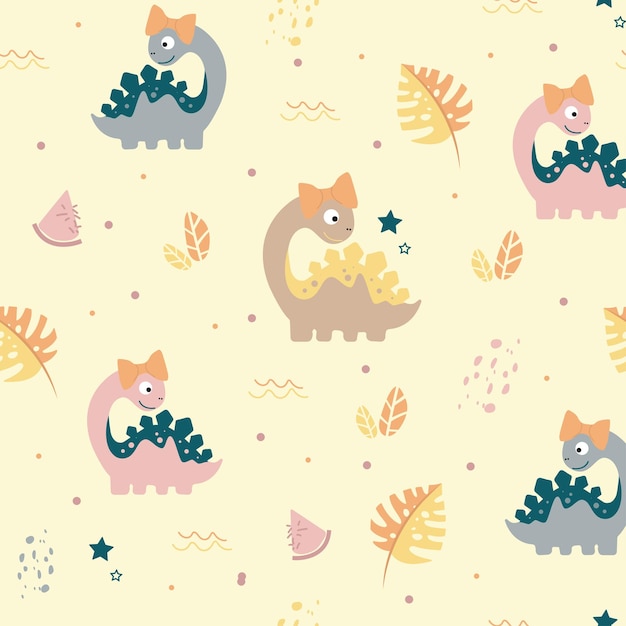 Vector doodle dino pattern print cartoon dino nursery wallpaper cute dinosaur seamless pattern