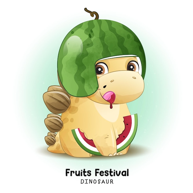 Vector doodle dinosaur fruits festival with watercolor illustration