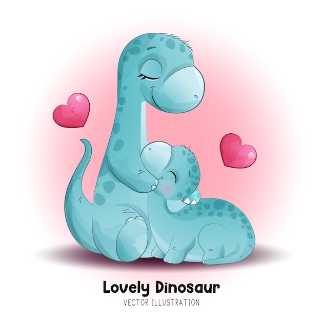 水彩イラストで恐竜の母親と赤ちゃんを落書き