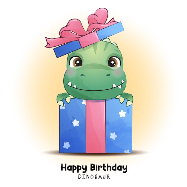 Doodle dinosauro seduto all'interno di una confezione regalo con illustrazione ad acquerello