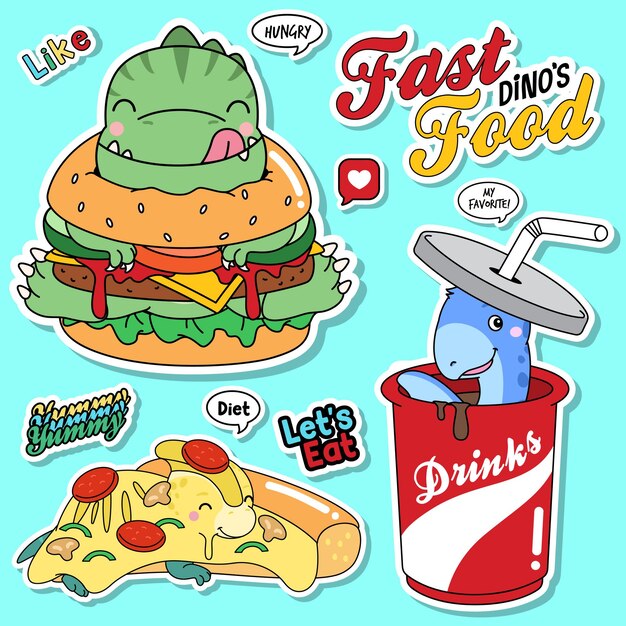 Vector doodle dinosaurs fast food illustration collection