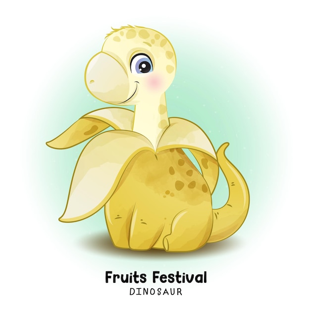 Doodle dinosaurus fruit festival met aquarel illustratie