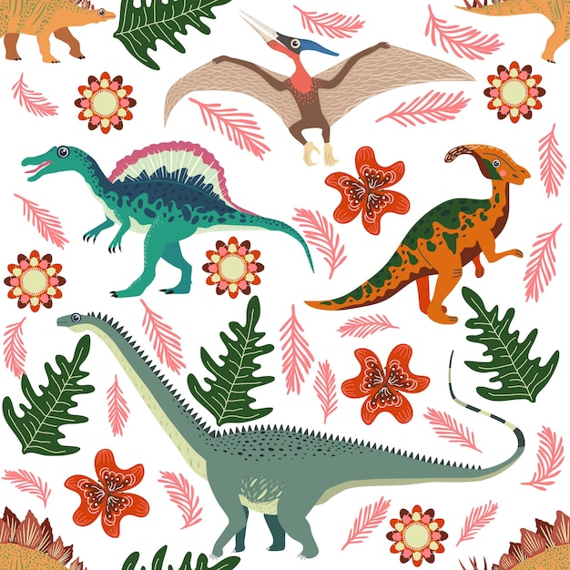 Doodle dinosaurus patroon Naadloze textiel draak print trendy kinderachtig stof achtergrond cartoon dinosaurussen