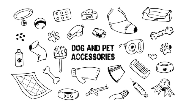 Vector doodle dog and pet accessories hand drawn cat and puppy care set