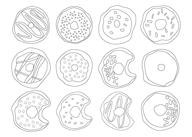 Doodle donuts coloring book for children and adults outline vector illustration