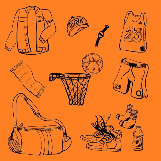 Vector doodle drawing icon basketball equipment