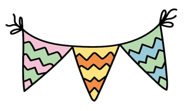 Doodle drawing with holiday banners, garlands for birthday party decoration