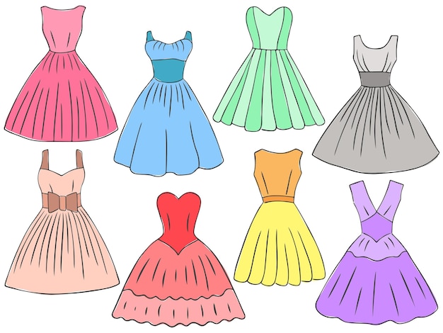 Vector doodle dresses set retro style women dresses simple sketch clothes