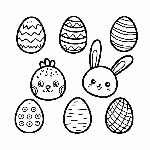 Doodle Easter Easter eieren en konijn Zwarte en witte lijn kunst vakantie Hand getekend konijn en kuiken 21