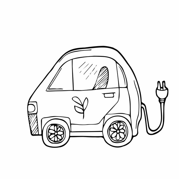 Vettore doodle auto elettrica eco auto elettrica amichevole verde su sfondo bianco giornata della terra ed ecologia conc