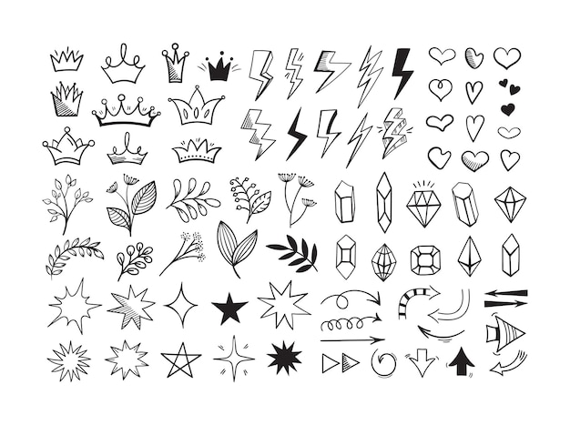 doodle elements set hand drawn heart sparkle star lightning icons black arrow freehand flowers and leaves line diamonds and crowns scribble objects for decor vector symbol collection