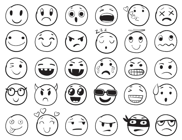 Doodle emoji set doodles afbeelding pictogrammen glimlach emotie grappige gezichten gelukkig leuk emoticon lijn pictogrammen triest hand getrokken nette overzicht geïsoleerde vectorillustratie