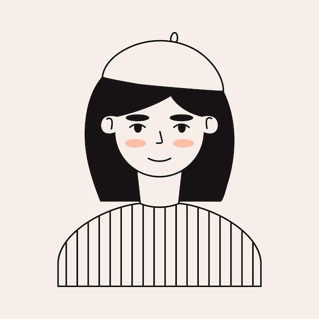 웃는 여자 아바타의 낙서 얼굴 소셜 미디어 라인 아트 사람들이 흰색 배경에 고립 된 얼굴
