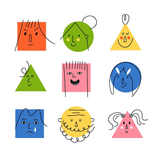 Doodle facce luminose geometriche carino persone divertenti social media utente avatar hipster uomo e donna ritratto diverse emozioni icone umane contemporanee cerchio quadrato e triangolo forma insieme vettoriale