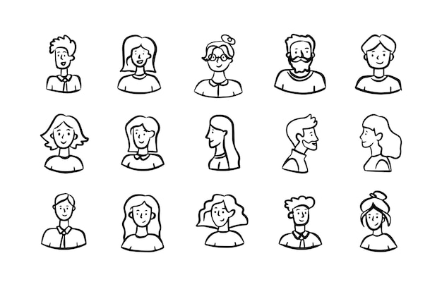 Doodle faces people men and women Outline sketch