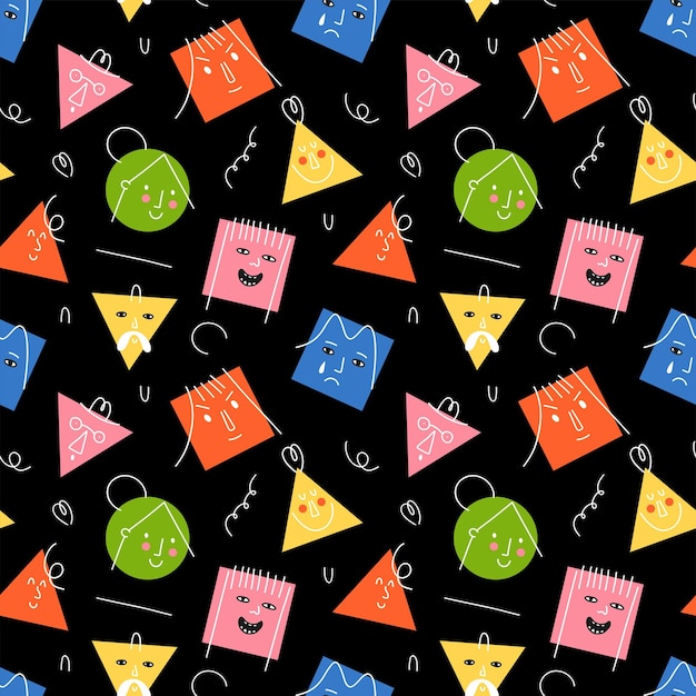 Doodle faces seamless pattern bright geometric cute funny people hipster man woman portrait different emotions contemporary human background decor textile wrapping paper vector print or fabric