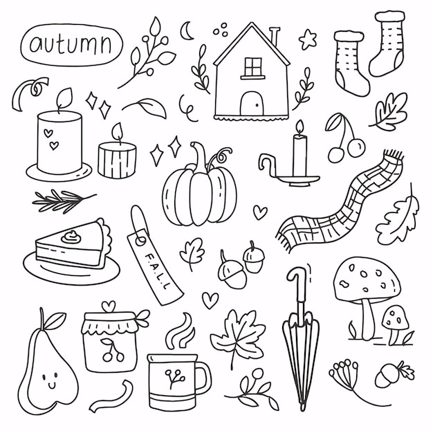 Doodle fall autumn elements hand drawing. Autumn collection cartoon line art. Modern abstract fall seasonal decoration icon symbol of pumpkin, candle, mushroom