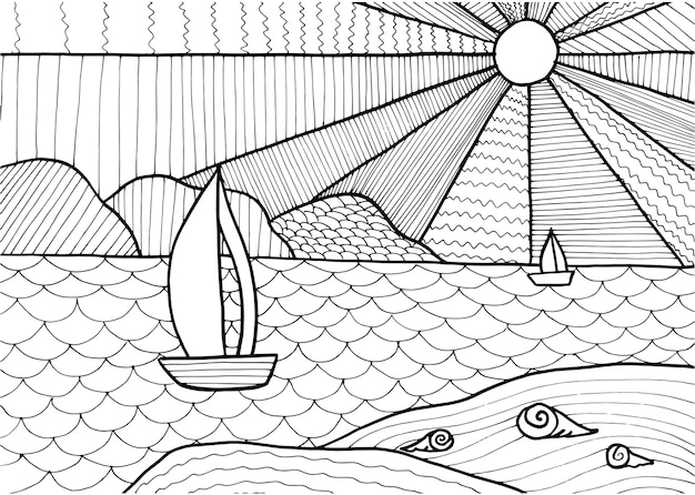 Doodle fantasy sea landscape coloring page for adults Fantastic graphic artwork Hand drawn simple illustration