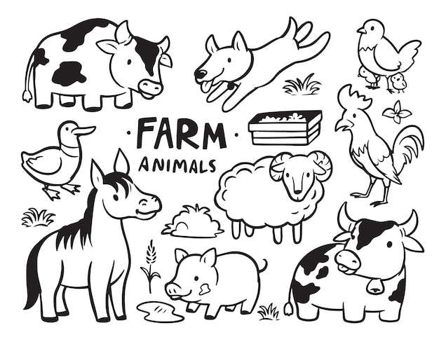Vector doodle farm animals coloring animals