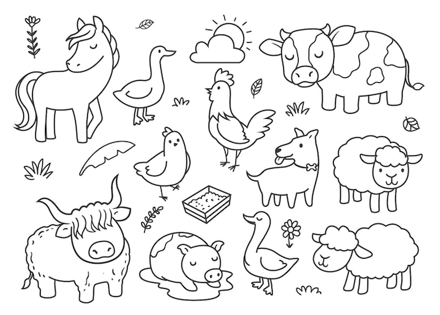 Vector doodle farm animals