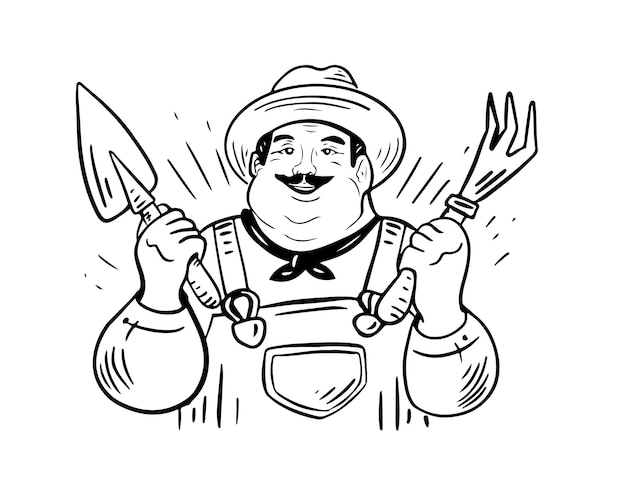 Doodle farmer gardener holding tools.Farmer image for logo,packaging,labels,posters in doodle style